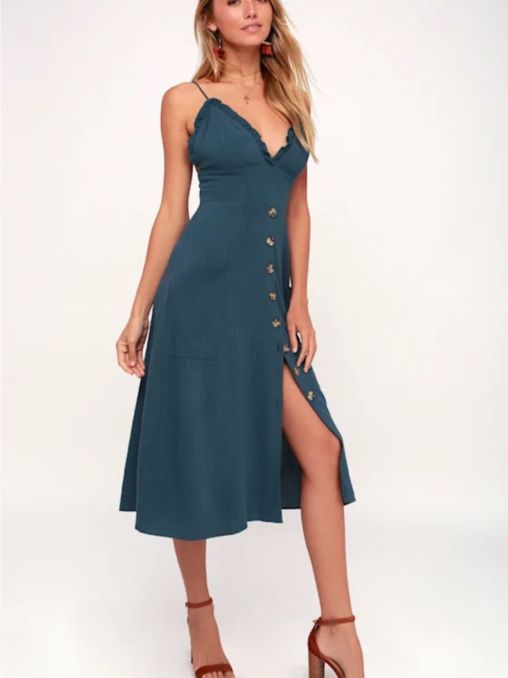 Lulus Lisbeth Dark Denim Blue Button Front Midi Dress - Size S - Picture 4 of 4